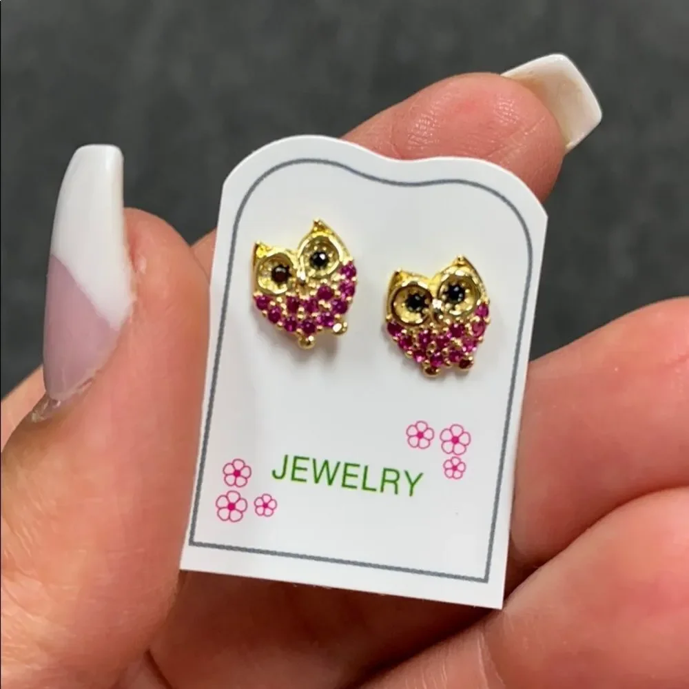 14k gold plated Red Owl CZ Girls Earrings